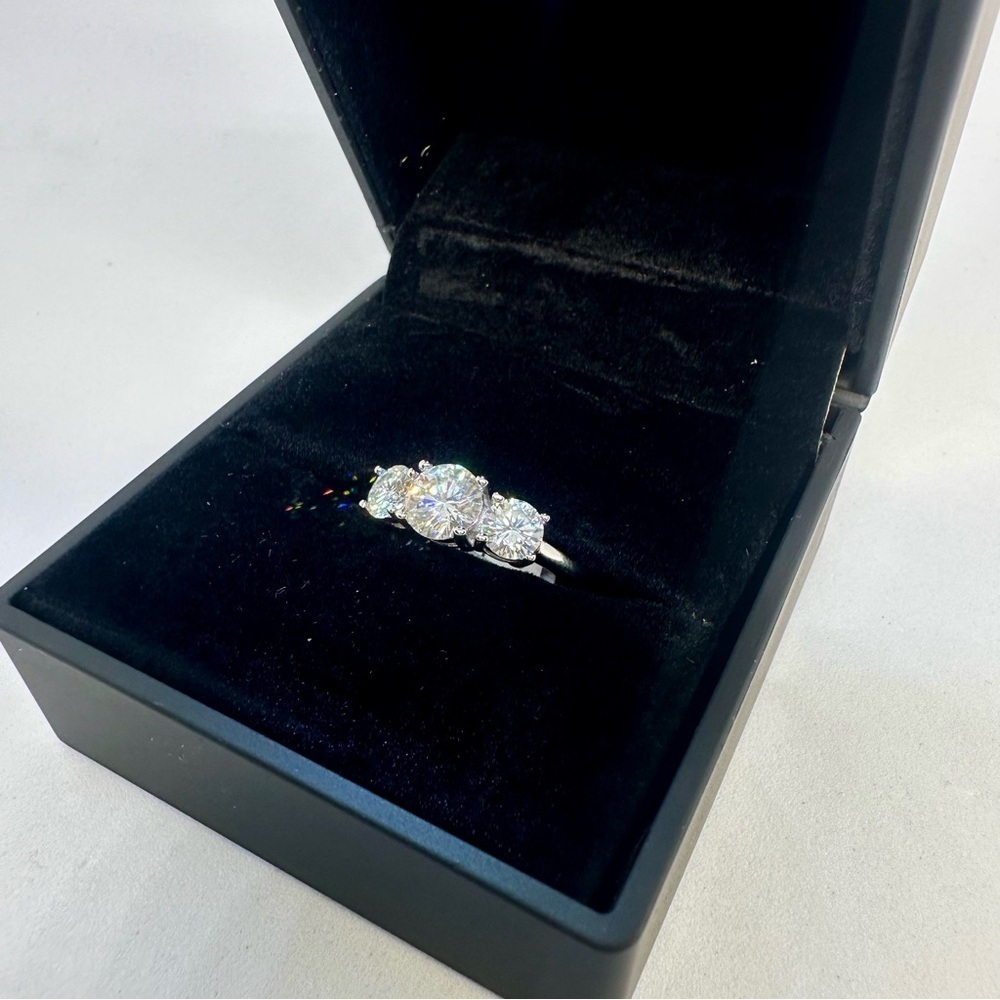 Three Stone Moissanite Ring Trilogy Past Present Future Anniversary Wedding Band - Picture 9 of 12